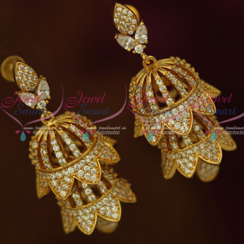 J13132W AD Fashion Jewellery White Sparkling Double Layer Screwback Jhumka Earrings Shop Online