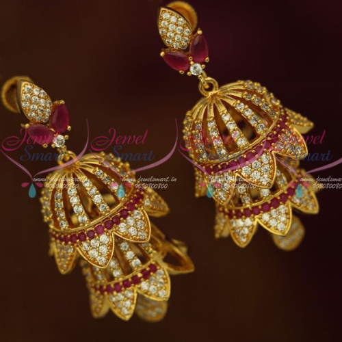 J13132R AD Fashion Jewellery Ruby White Sparkling Double Layer Screwback Jhumka Earrings Shop Online