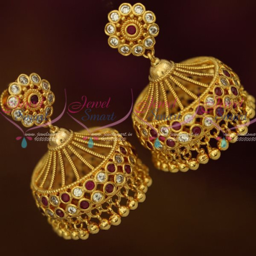 J13135R AD Fashion Jewellery Ruby White Broad Screwback Jhumki South Earrings Shop Online