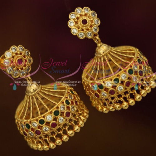 J13135M AD Fashion Jewellery Ruby Emerald White Broad Screwback Jhumki South Earrings Shop Online