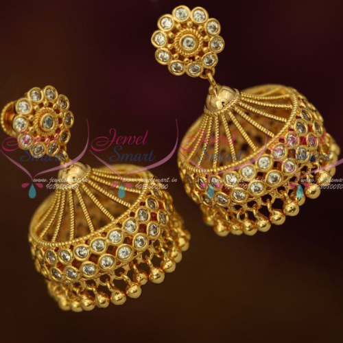 J13135W AD Fashion Jewellery Sparkling White Broad Screwback Jhumki South Earrings Shop Online
