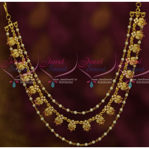 H13123R Bahubaali Movie Style AD Stones Ruby White Pearl 3 Layer Hair Chains Latest Fashion Jewellery Online