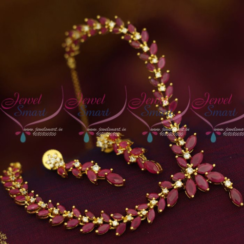 NL12635R American Diamond Ruby Stones Gold Plated Jewellery Short Necklace Shop Online 