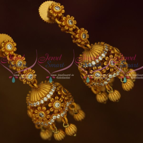 J13254W Floral Delicate Jhumka Beautiful Design Golden Bead Drops White Stones Jewellery Online