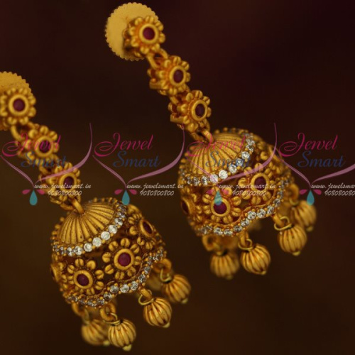 J13254R Floral Delicate Jhumka Beautiful Design Golden Bead Drops Red Stones Jewellery Online