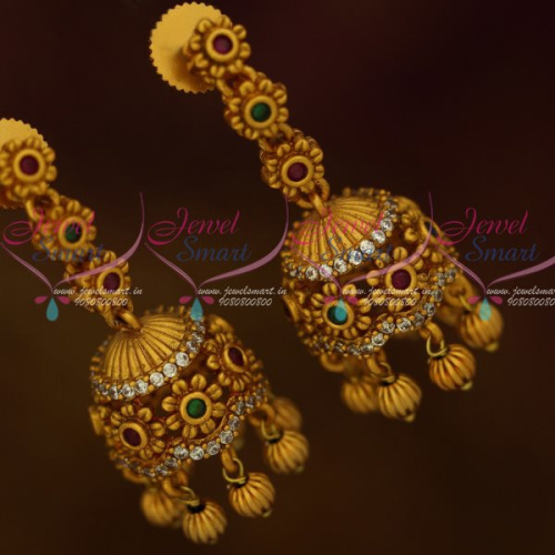 J13254RG Floral Delicate Jhumka Beautiful Design Golden Bead Drops Red Green Stones Jewellery Online