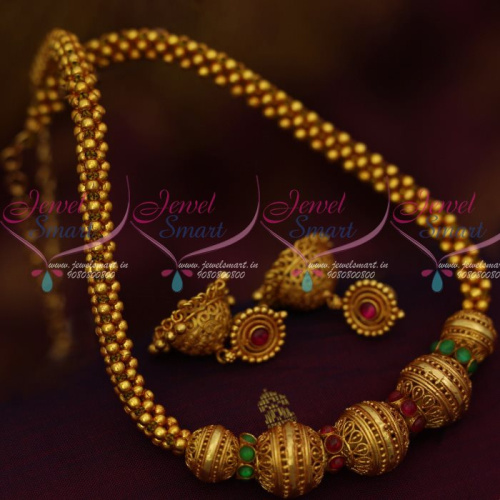 NL10090 Gheru Reddish Gold Colour Beaded Jali Mala Screwback Lightweight Jhumka Kemp Jewellery Online