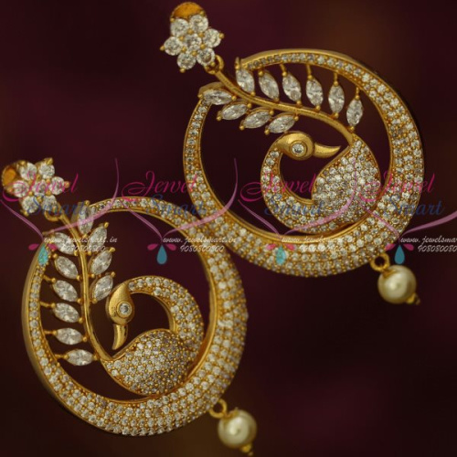 ER13357W Peacock White Marquise Dazzling Stones Screwback Big Stylish Chand Bali Earrings Shop Online