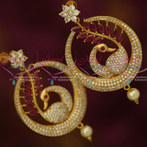 ER13357R Peacock Ruby White Marquise Dazzling Stones Screwback Big Stylish Chand Bali Earrings Shop Online