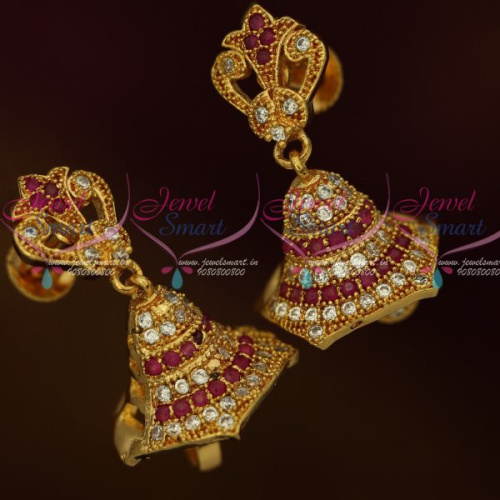 J13158R AD Ruby White Stones Jewellery Screwback Jimikky Earrings Latest South Indian Designs Shop Online
