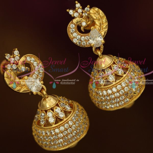 J13164W AD Fashion Jewellery Peacock Jhumka White Stones Screwback South Indian Designs Online