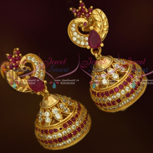 J13164R AD Fashion Jewellery Peacock Jhumka Ruby White Stones Screwback South Indian Designs Online