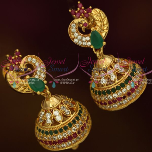 J13164M AD Fashion Jewellery Peacock Jhumka Multi Colour Stones Screwback South Indian Designs Online