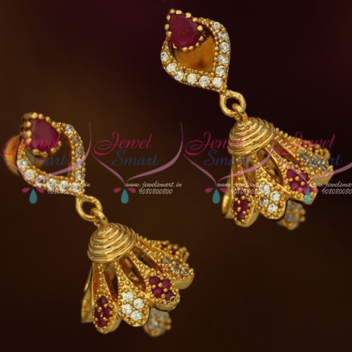 J13167R AD Fashion Jewellery Stylish Jhumka Ruby White Stones Screwback South Indian Designs Online