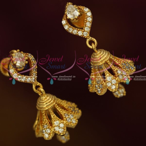 J13167W AD Fashion Jewellery Stylish Jhumka White Stones Screwback South Indian Designs Online