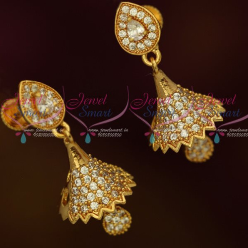 J13171W AD Fashion Jewellery Small Bell Jhumka White Color Stones Screwback South Indian Designs Online