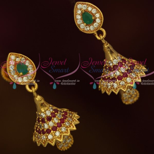 J13171M AD Fashion Jewellery Small Bell Jhumka White Stones Screwback South Indian Designs Online