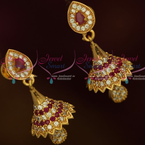J13171R AD Fashion Jewellery Small Bell Jhumka Ruby White Stones Screwback South Indian Designs Online