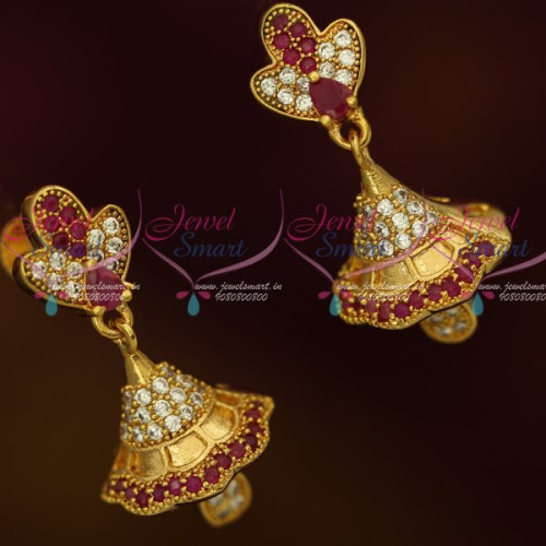 J13173R American Diamond Gold Covering South Indian Jhumka Ruby White Stones Screw Lock