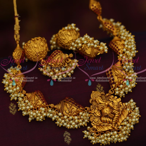 NL13067 Lord Ganapathy Vinayagar Temple Jewellery Pearl Danglers Gold Inspired Designs Online