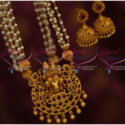 NL13350 Lord Shiva Parvathy Temple Jewelry Pearl Mala Jhumka Earrings Traditional Latest Online
