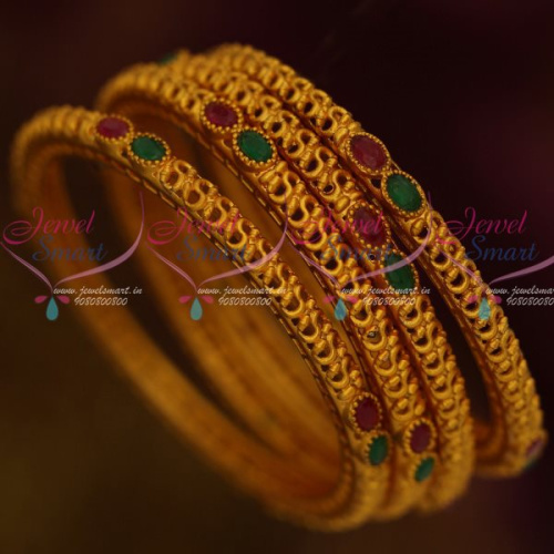 B13115 Antique Reddish Matte Jewellery 4 Pcs Set Bangles Ruby Emerald Stones Shop Online