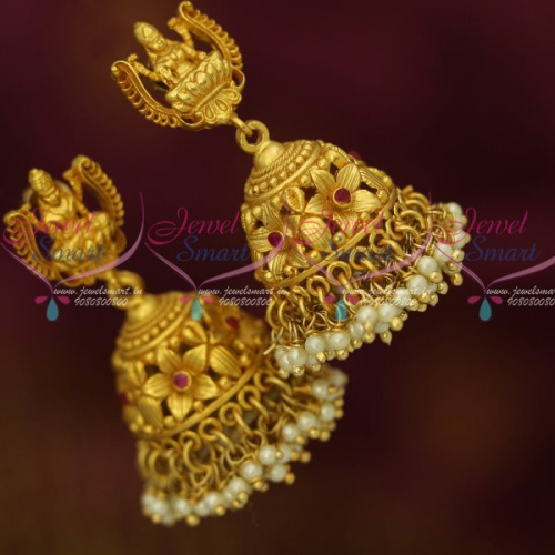 J13195 Temple One Gram Gold Jewellery Screw Lock Pearl Jhumka Earrings Traditional Designs Online