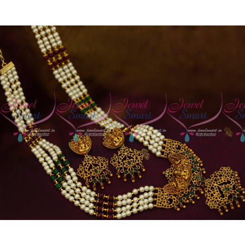 NL13100 4 Line Pearl Mala Broad Temple Matte Gold Plated Traditional South Jewellery Designs Online