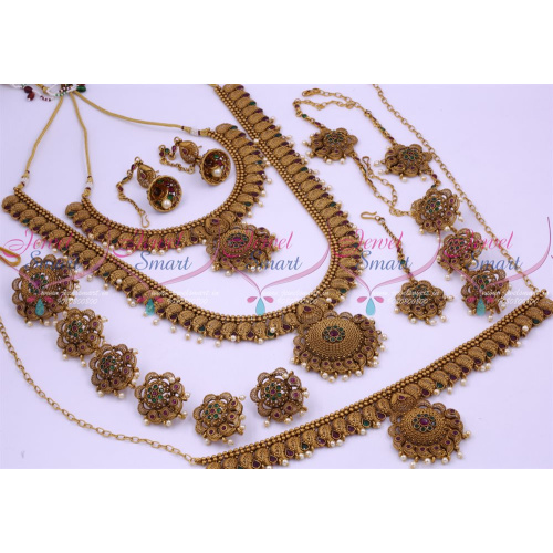 BR12599 Antique Bridal Matte Reddish Floral Design South Indian Gold Finish Wedding Dulhan Jewellery Full Set Latest Collections