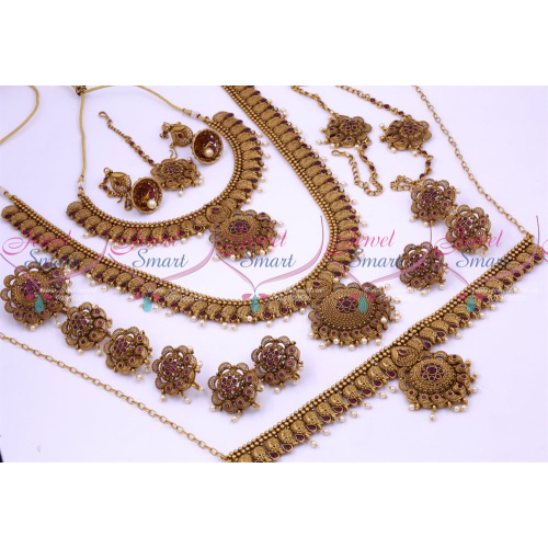BR12606 Antique Bridal Matte Reddish Floral Design Red Stones South Indian Gold Finish Wedding Dulhan Jewellery Full Set Latest Collections