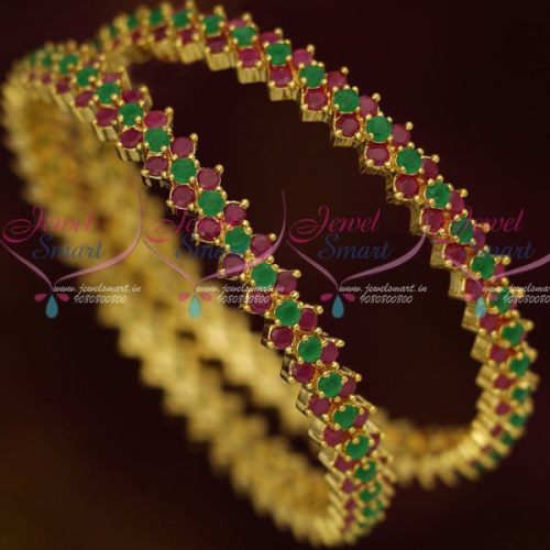 B13325 Ruby Emerald Stones Traditional Gold Design Bangles Semi Precious Jewelry Online