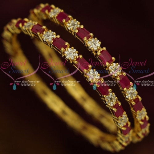 B13330 Ruby Oval Small White Floral Stones AD Latest Bangles 2 Pcs Traditional Design Shop Online