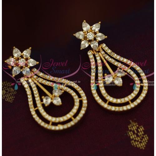 ER13351W AD Long Big Screwback South Indian White Stones Earrings Shop Online