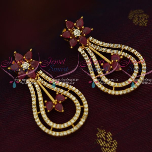 ER13351R AD Long Big Screwback South Indian Ruby White Stones Earrings Shop Online