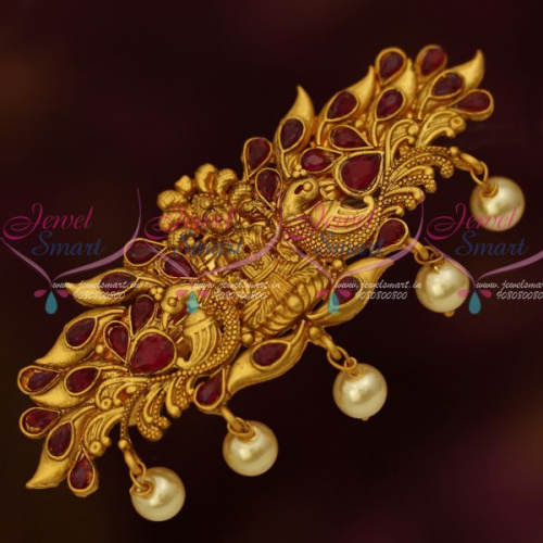 H13085R Low Price Temple Jewellery Matte Gold Plated Red Stone Hair Clip Matching Ornaments Online