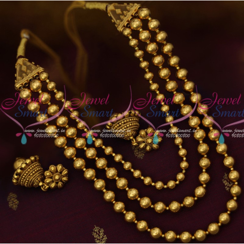 NL13598 3 Strand Simple Design Antique Beads Mala Matching Jhumka Antique Dull Gold Plated 
