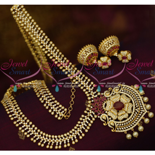 NL13525R South Indian Jewelry AD Haram 20 Inches Ruby White Semi Precious Stones Online