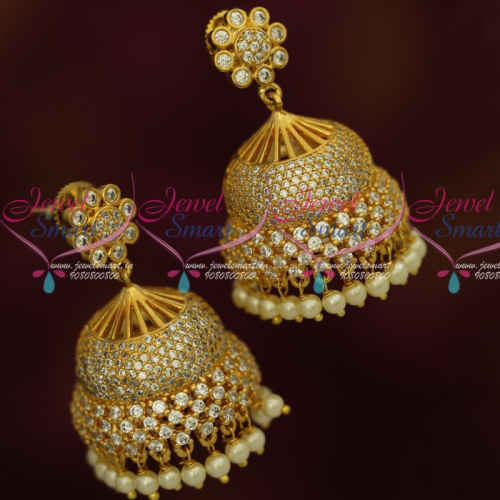 J12426W AD White Stones Bollywood Style Gold Finish Imitation Jhumka Earrings Online