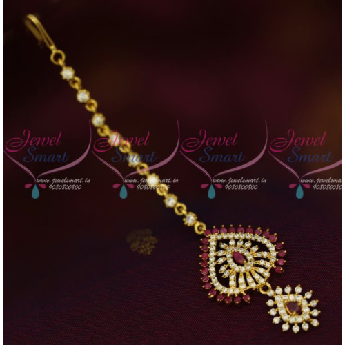 T13430 AD Hair Jewelry Ruby White Maang Tikka Nethichutti Light Gold Plated Shop Online