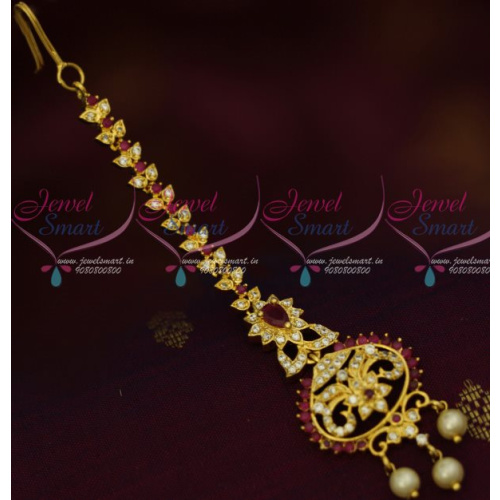 T13431R AD Forehead Jewelry Ruby White Maang Tikka Nethichutti Light Gold Plated Shop Online