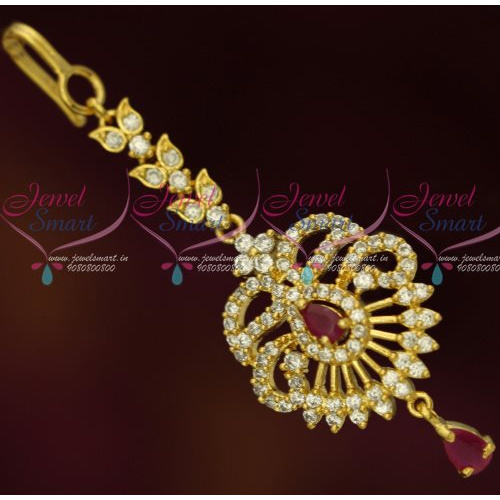 T13429 AD Ruby Jewelry Small Short Maang Tikka Nethichutti Party Wear Designs Online