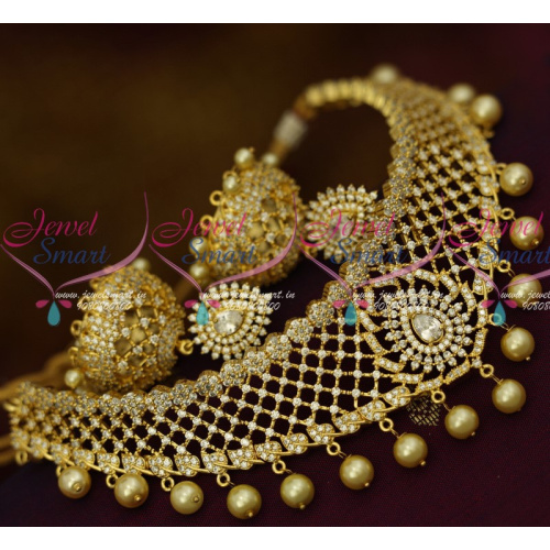 NL12960W Sparkling White AD Bridal Jewellery Pearl Drops Choker Broad Jhumka Bridal Ornaments Online