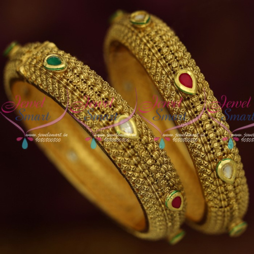 B13609 Antique Gold Plated Fashion Jewelry Open Type Kundan Broad Bangles 2 Pcs Set Online