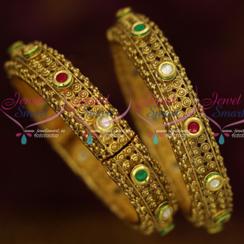 B13610 Antique Gold Plated Fashion Jewelry Open Type Kundan Broad Bangles 2 Pcs Set Online