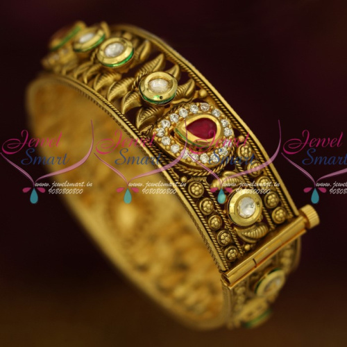 B13611 Single Piece Broad Screw Open Kundan AD Bangles Latest Antique Jewelry Online