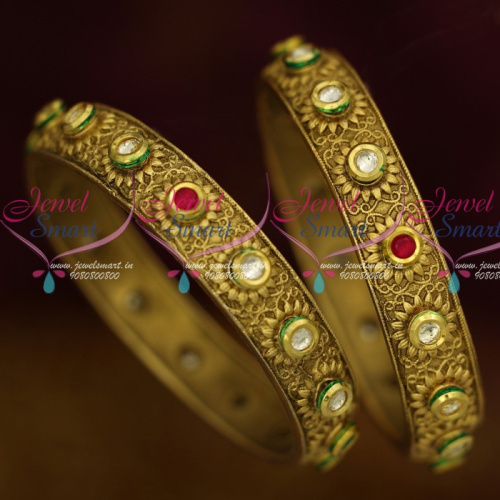 B13612 Antique Kundan Fashion Jewelry 2 Pcs Set Floral Design Bangles New Collections