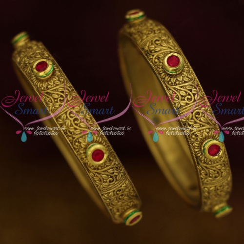 B13614 Antique Kundan Fashion Jewelry 2 Pcs Set Floral Design Bangles New Collections