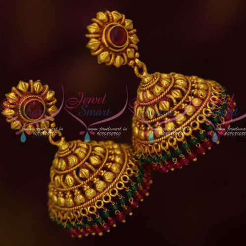J13461 Antique Reddish Gold Plated Red Green Bead Drops Jhumka Earrings Latest Designs Online