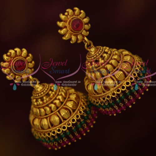 J13462 Antique Gold Plated Design Jhumka Earring Double Step Bead Drops Real Look Collections