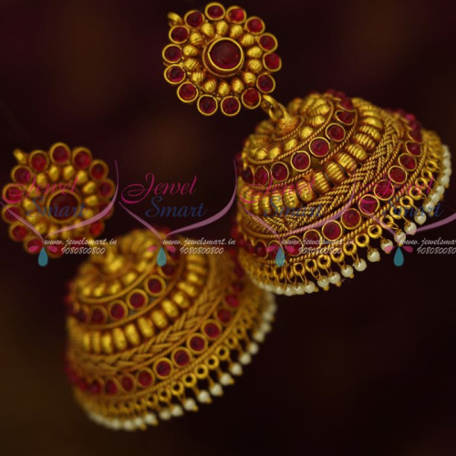 J13466R Heavy Gold Plated Jhumka Earrings Big Broad Design Kemp Stones Jewelry Online